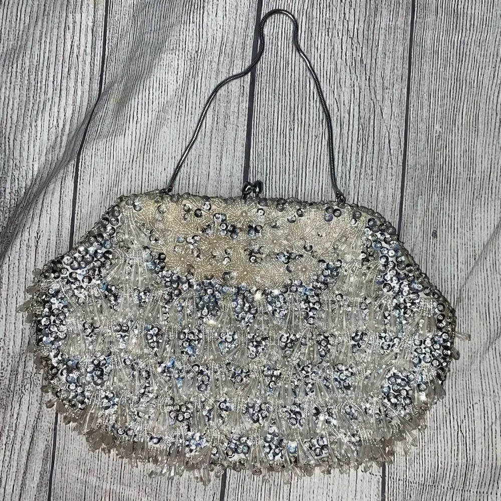 Vintage sequin & tassel beads hand held clutch w/snap close & silver cord strap